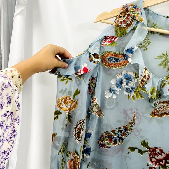 Alice + Olivia Blue Silk Velvet floral cold shoulder blouse - Picture 4 of 8